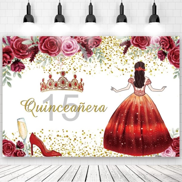 15-års bursdagsbakgrunn for jenter Miss Quince 15 år gammel festbakgrunn Rød blomst Kjole Prinsesse Femten bakgrunn Banner 7x5ft