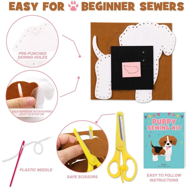 Puppy Craft Kit - Lasten DIY-askartelu- ja ompelusetit Koiran pehmolelu Huopa Plushie Tytöille ja pojille Koulutusaloittelijoiden ompelusetit Ompelusetit