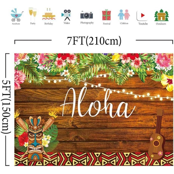 7x5ft Sommar Aloha Luau Fest Bakgrund Tropiska Hawaiianska Blommor Träskulptur Bakgrund Havspalm Födelsedag Musikalisk Festbanderoll Dekoration