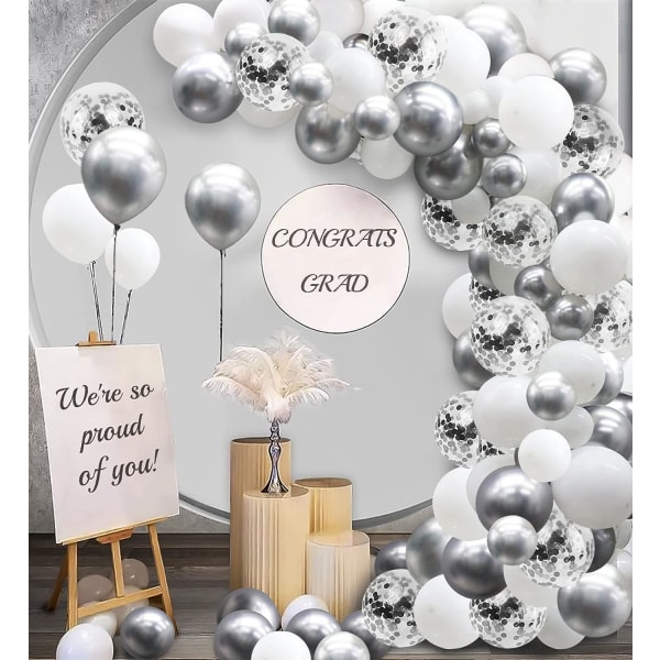 Vit och silver ballonger Garland Arch Kit 5" 10 tum 12" vit silver metallisk konfetti latex ballonger set för festdekoration