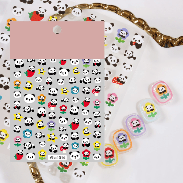 Panda Nail Art Sticker Jordbær Dekal 3D Selvklæbende Fashion Trend Glamour Sød Dyre Design DIY Dekor Damer Piger Børn 3 Ark