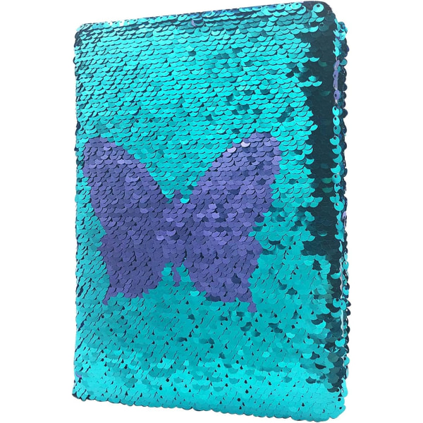 Sequin-dagbog til piger, Butterfly Reversible Flip Sequence Notebook til teenagere i førskolen til at skrive, tegne, rejsegaver (lilla-blå)