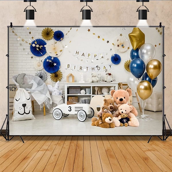 Första födelsedagsfest ballonger presenter dekor babyfotografering bakgrund tårta smash bakgrund banner björn babyshower bakgrund porträtt bakgrund 7x5ft