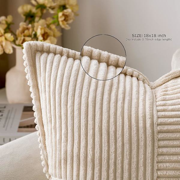 Fløjls pudebetræk med sammenføjning Sæt med 2 bløde Boho stribede pudebetræk Dekorative teksturerede pyntepuder 18x18 tommer, Beige