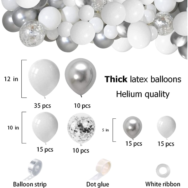 Valkoinen ja hopea ilmapallojen kaaripaketti 5” 10 tuumaa 12” valkoinen hopea metallinen konfetti lateksi ilmapallojen kaarisarja juhlakoristeluun