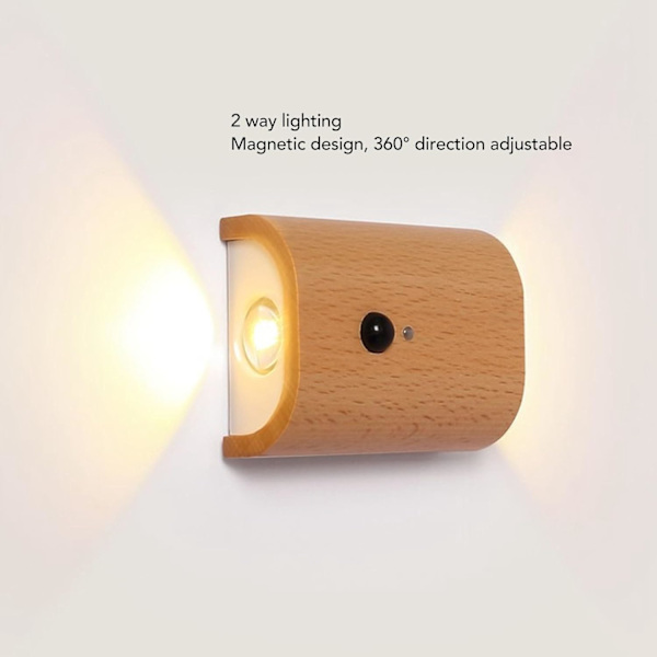 Trappe Lamper, 2-sidet belysning, varmt lys, magnetisk montering, lang batterilevetid, natlampe i bøgetræ, sensor for daggry og skumring