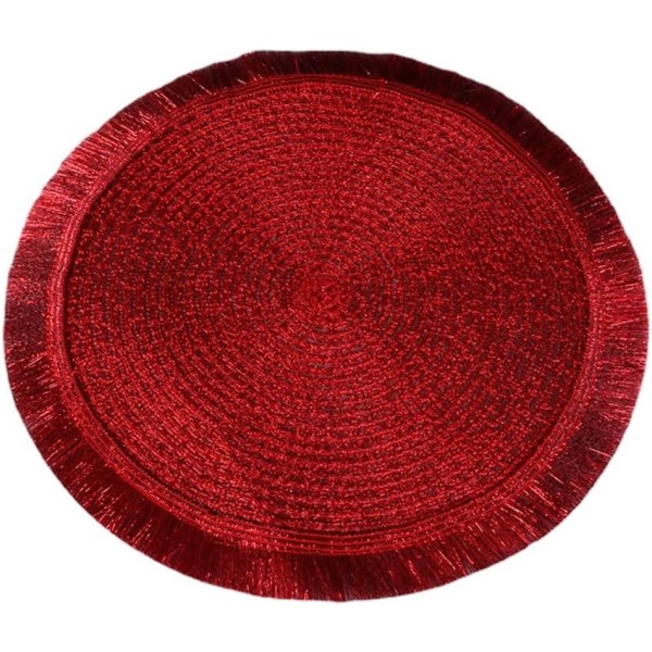 Sæt med 2 runde vævede dækkeservietter，Flad stil，Med pompon - 38 cm，rød