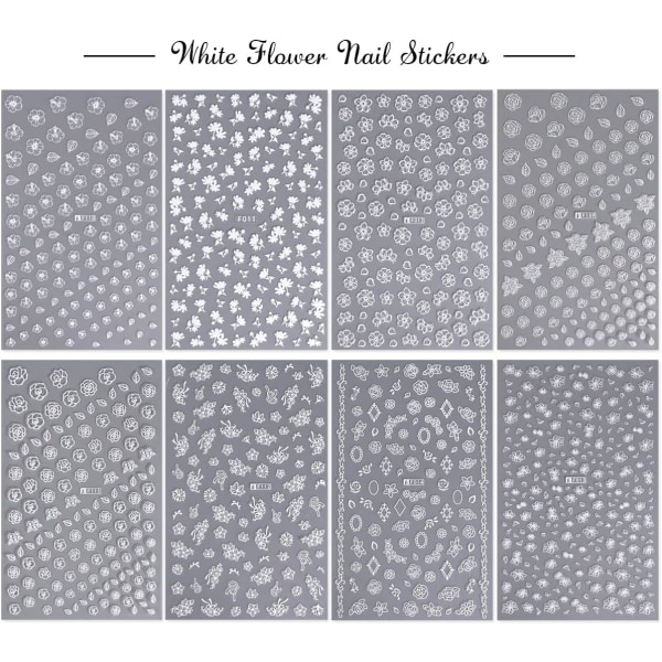 Flower Nail Stickers Negle Decals for Women Nail Art Supplies Udsøgte hvide blomsternegledesigns Tilbehørssæt 3D selvklæbende 8 ark