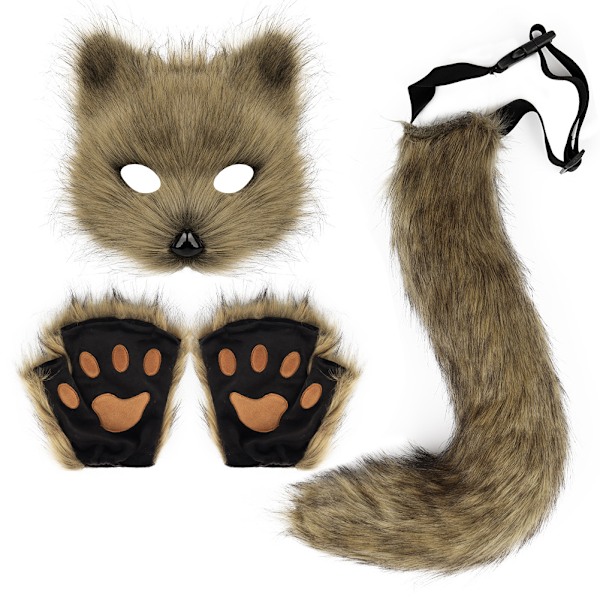 Konstgjord Pälsräv Svans Katt Varulv Cosplay Kostym Set Plysch Mask Fluffiga Tassar Handskar Halloween Jul Grass yellow One Size