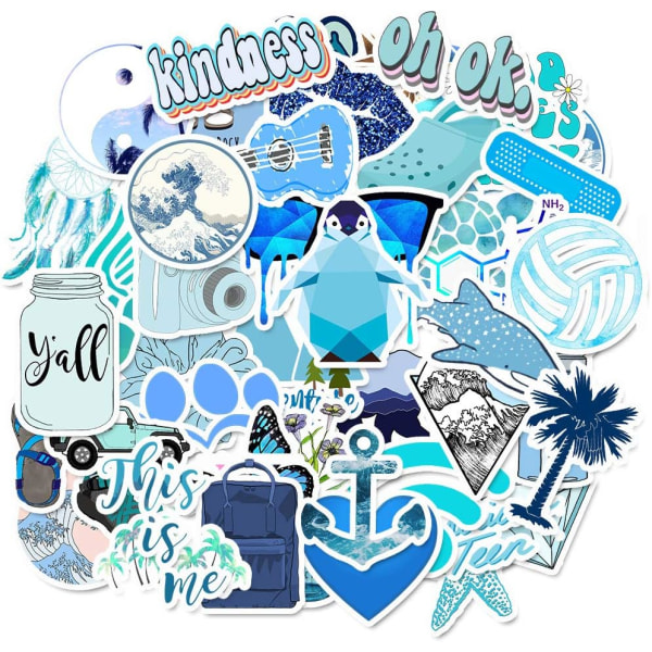 50PCS Cute Waterproof Blue Stickers for Water Bottles Laptop,Aesthetic Trendy Decals for Computer Phone Guitar for Kids Teens Girls