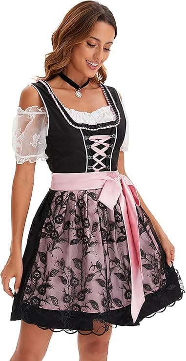 Dirndl til kvinder, traditionel midikjole til kvinder, dirndl-kjole med blonder inkl. dirndl-bluse og dirndl-forklæde, 3 dele, til Oktoberfest og black S