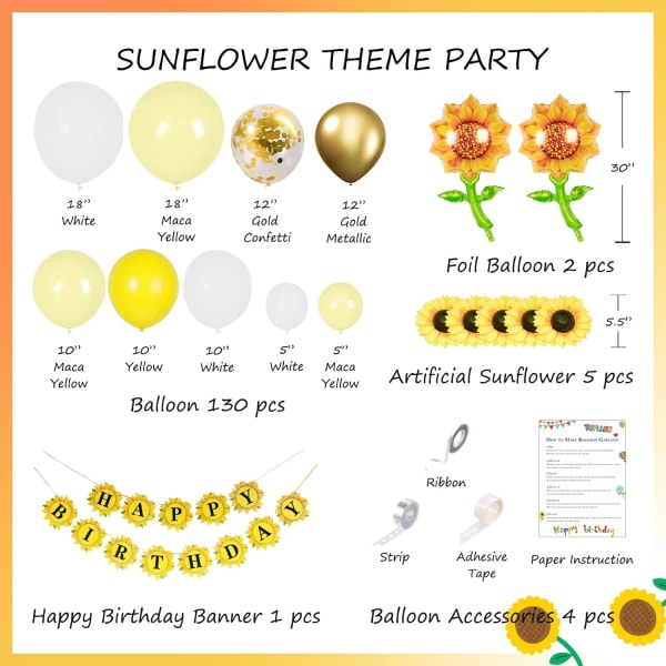 Solsikkefestdekorasjoner 140 stk, gul ballongbue, folie solsikkeballonger, gratulerer med dagen banner for solsikke babyshowerdekorasjoner