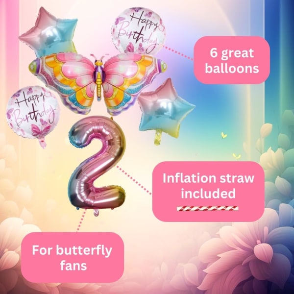 Butterfly Balloon Birthday Decoration 2 Years Set - Butterfly Party, Number 2 Balloon Pink Rainbow, Folie Ballong Dyr Gratulerer med bursdagen dekorasjoner