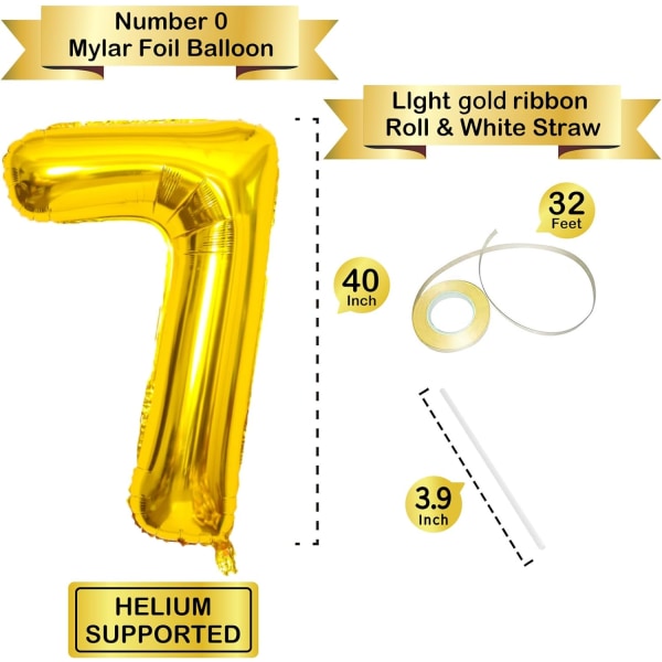 40 tommer guld helium mylar folie nummer balloner, nummer 7 ballon til fødselsdagspynt til børn, jubilæumsfest dekorationer