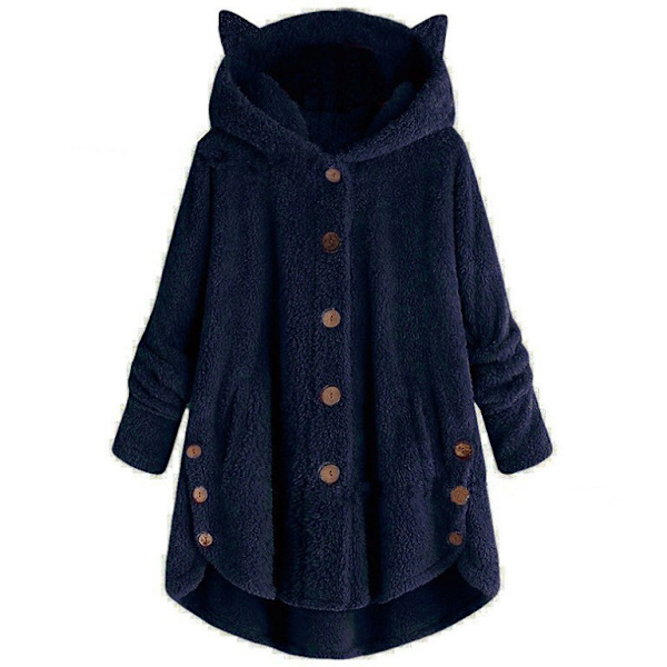 Plushjacka med kattöron, oregelbunden trendig enfärgad kappa för kvinnor Navy blue S