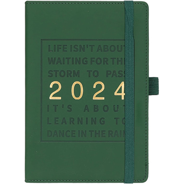 2024 Planlægger Faux Læder Cover 12 Månedlige Ugentlige Agenda Notebook med Elastisk Lukning Loop Serie Agenda Notebook, GRØN, 1stk