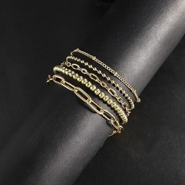 Guldkæde armbåndssæt til kvinder piger 14K guldbelagte Dainty Link Papirclips Armbånd Stake Justerbar Lagdelt Metal Link Armbånd Sæt