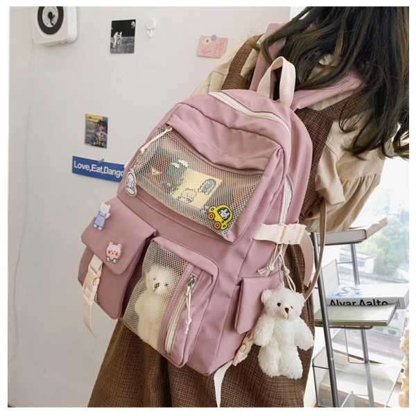 Kawaii ryggsäck med söt nål Tillbehör Plyschhänge Kawaii skolryggsäck Söt estetisk ryggsäck Rosa