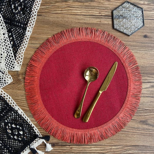 6 pyöreän juuttialustan set yksinkertaisella hapsulla pöydän koristeluun, lämmöneristys (punainen)