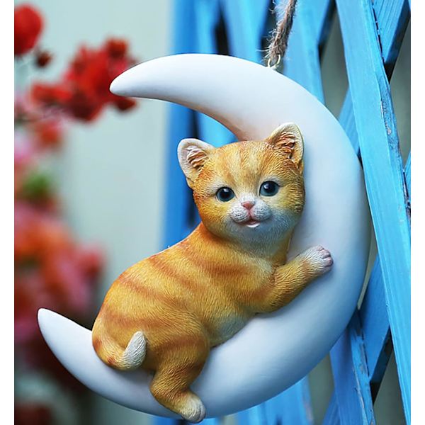 Kattfigur, Resin Moon Kittens Modellprydnad, Dekorativ Hängande Staty av Söta Katter Inomhus Utomhus Skulptur Dekor