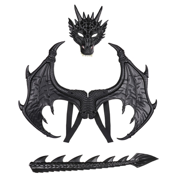 Svart RP Dragon Wings sett med tre, halloween cosplay tredelt dress, dragevinger og halemaskesett
