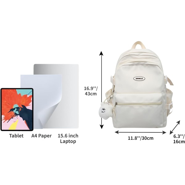 Kawaii Ryggsäck med söta tillbehör Estetisk 15,6 tums ryggsäckshänge för bärbar dator (vit)