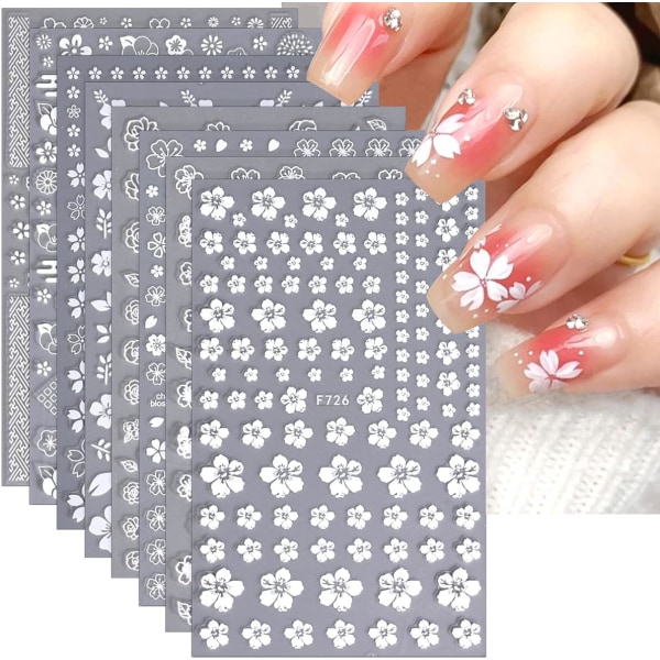 Blomster Nail Art Klistremerker Negleklistremerker for Kvinner 3D Selvklistrende Negledekorasjoner Mote Hvite Blomster Negle Design Neglekunst Tilbehør Kit 8 Ark