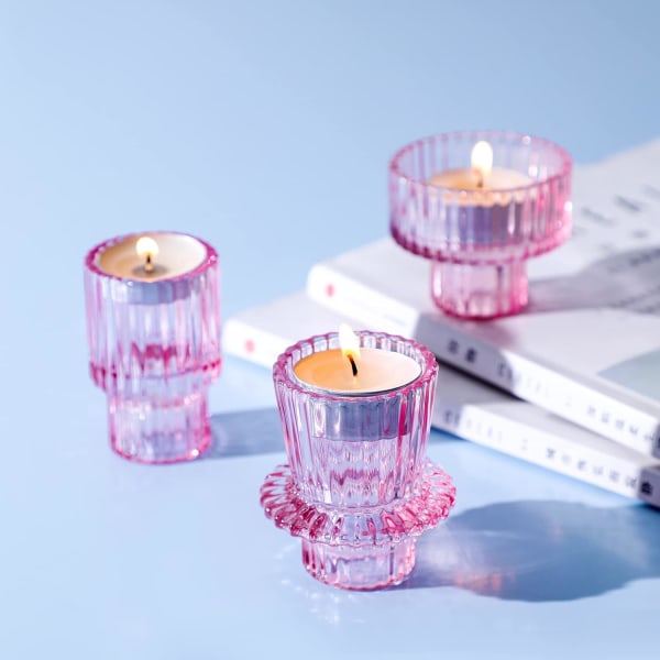 Glass Lysestaker for Pillar Lys, Spisslys, Tealight Lys, Premium Flerbruks Lysestaker, Dekorativ Lysestake Sett med 3, Rosa