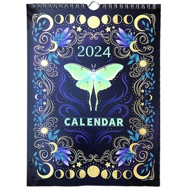Kalender Den mörka skogen 2024 | Månskalender 2024 Månsfaser Ljus måne | Familjekalender månadskonst vägg-A