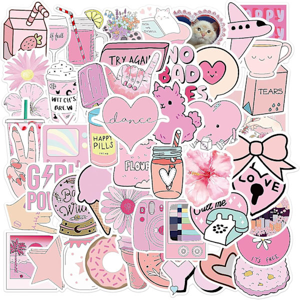 50 st kawaii rosa klistermärken - söta estetiska snygga VSCO Grils Preppy klistermärken för vattenflaska, bärbar dator, bagage, dator