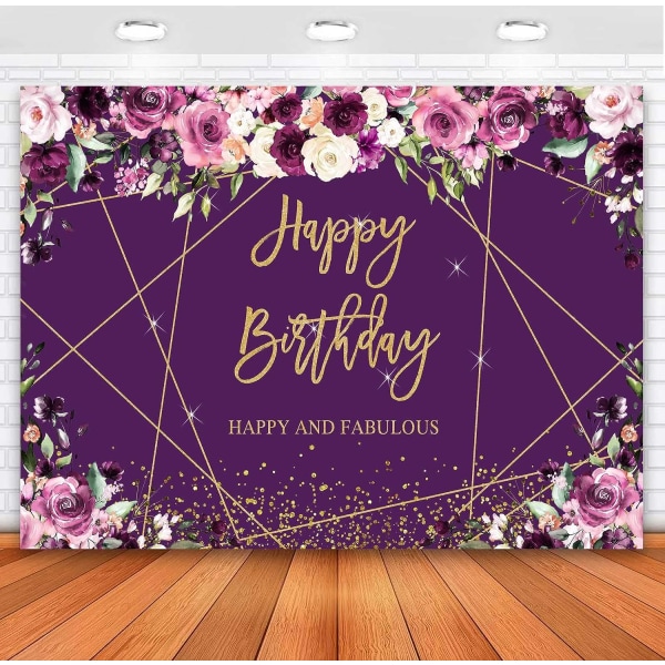 Lilla Blomster Guld Tillykke Fødselsdag Baggrund Glitter Sparkle Geometrisk Linje Gyldne Prikker Baggrund til Fødselsdagsfest Dekorationer Tilbehør Banner 7x5ft