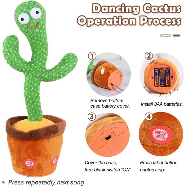 Dansande Talking Cactus Baby härmar leksaker med LED 120 engelska sånger, sjungande musikleksak (ljudinspelning och återberättelse)