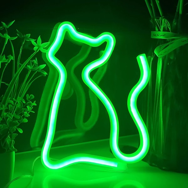 Kissan neonkyltit, USB- tai 3-AA-paristokäyttöinen neonvalo, LED-valot pöytäkoristeluun, tyttöjen makuuhuoneen seinäkoriste, lasten syntymäpäivälahja (vihreä)