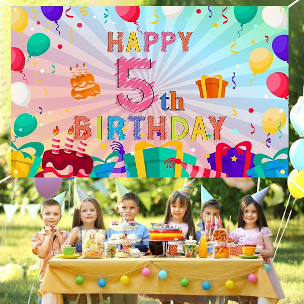 Glad 5-årsdag Banner 5 år Gammal Färgglad Ballong Tårta Presentask Bakgrund Födelsedagsfest Bakgrund för Festdekoration Fotografering Bakgrund