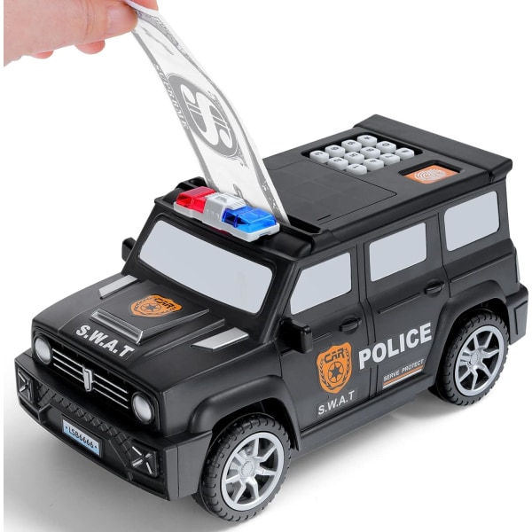 Säästöpossu pojille tytöille, Minipankkiautomaatti poliisiautopankki Kolikkopankki Rahasäästölaatikko salasanalla, Elektroninen rahapankki -leluauto musiikilla, musta