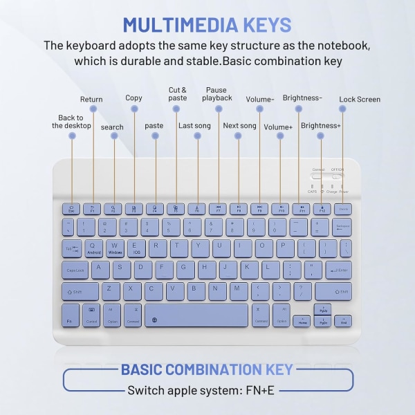 Bluetooth tastatur og mus combo genopladelig bærbar trådløs tastatur mus sæt til iPad tablet Windows (10 tommer lilla)