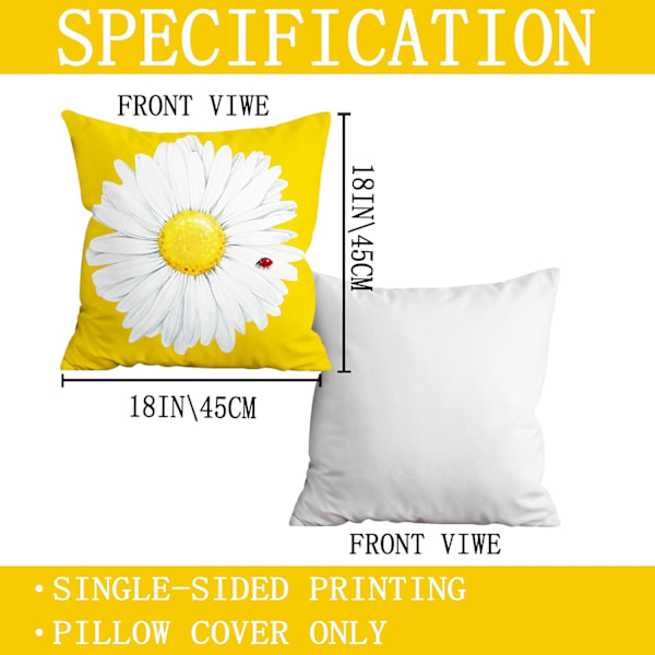 Vårfodral för kuddar 18x18 tum Set om 4, Gårdsvår Sommar Dekor Daisy Floral Gul Kuddöverdrag för Soffa Inomhus Utomhus