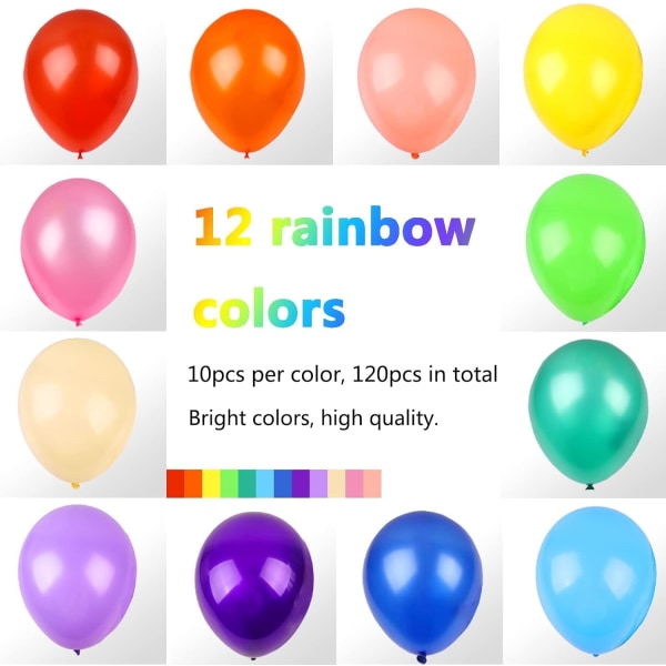 120 Balloons Assorted Color 12 Inches Rainbow Latex Balloons, 12 Bright Color Party Balloons for Birthday Baby Shower Wedding Party Supplies Arch