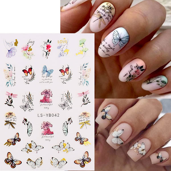 9 st blommiga nagelkonstdekaler, fjärilsdesign, självhäftande dekaler, blommiga fjärilsakvarelldekaler för naglar, gör-det-själv-manikyrdekoration
