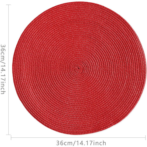Set med 6 runda placemats, värmebeständiga tvättbara placemats plast placemats för kök, röd
