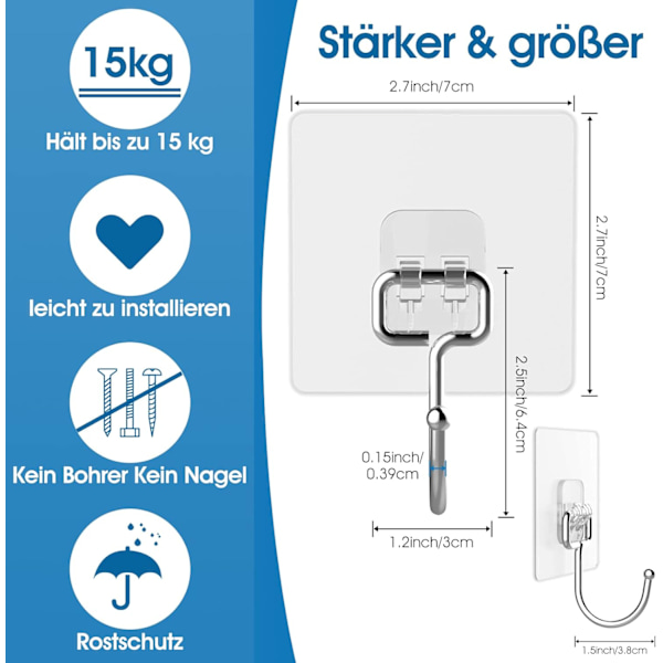 Självhäftande väggkrok stor 8 st (max 15 kg), självhäftande krokar för stora föremål, rostfria självhäftande krokar