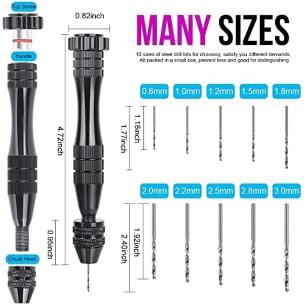 Pin Vise for Resin Casting Molds, Stålhåndboremaskin, Resin Drill med 10 PCS Drill Bit, Precision Hand Drill Tools（Svart）