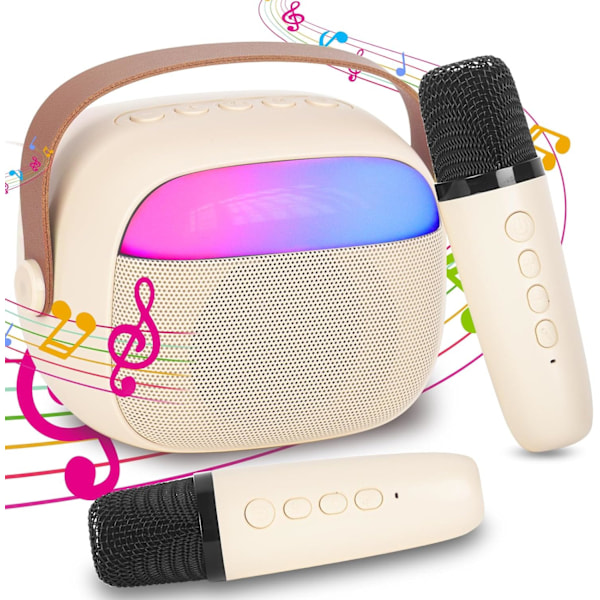 Karaokemaskin for barn med 2 trådløse mikrofoner, bærbart KTV-system med Bluetooth, høyttaler med stemmeforvrengningseffekter og LED-lys White
