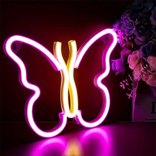 Butterfly Neon Lights til soveværelset, Light Up Sign Nyhed Cool til soveværelset, værelse, vægdekoration, bar, fest, jul, fødselsdag - Pink og varm sommerfugl