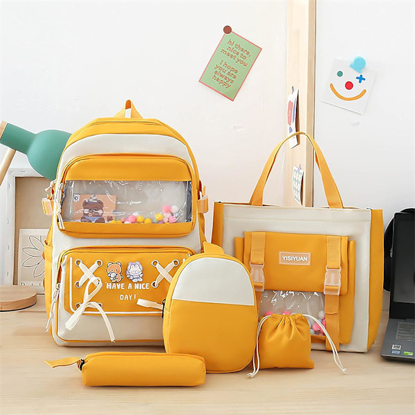 5PCS Kawaii Rygsæk Sæt til Teenagere Piger 17in Søde Skole Tasker Bogtaske med Skuldertaske, Blyantæske, Tote Taske, Lille Taske, Gul