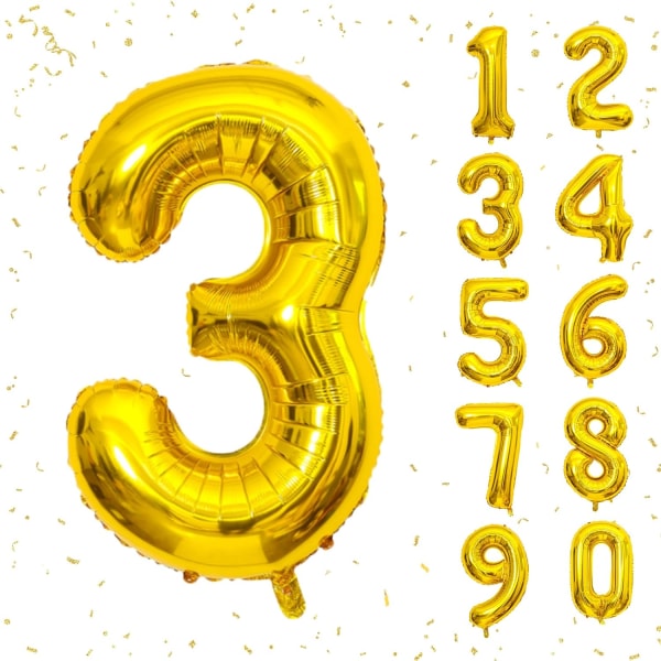 40 tommer gull helium mylar folie nummer ballonger, nummer 3 ballong for bursdagsdekorasjoner for barn, jubileumsfestdekorasjoner