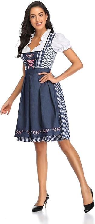 Dirndl til kvinder, traditionel midikjole til kvinder, dirndl-kjole med blonder inkl. dirndl-bluse og dirndl-forklæde, 3 dele, til Oktoberfest og Dark blue S