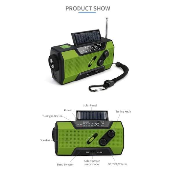 Nødradio med solcelle og håndsveiv, AM/FM NOAA, bærbar 2000mAh powerbank for nødsituasjoner og friluftsliv green