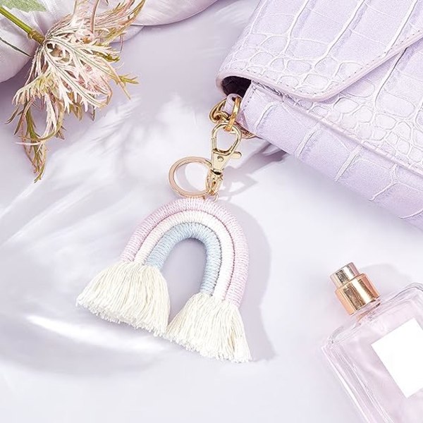 Vævet regnbue-kvast nøglering Boho regnbue-kvast charme Makrame regnbue-kvast nøglering Bilnøglering holder taske pung