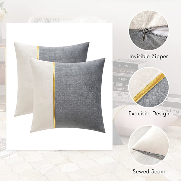 2-pack dekorativa sammetskuddfodral lapptäcke med guldläder mjuka enfärgade örngott soffkuddar kuddfodral 18 x 18 tum grå